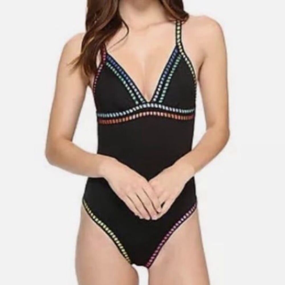 La Blanca threading along OTS Mio one piece black pink blue swim medium